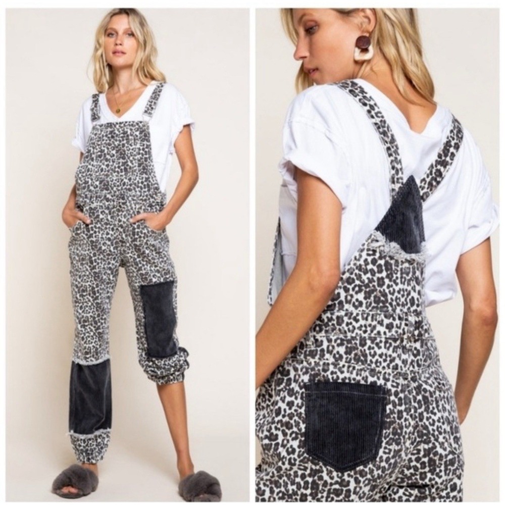 POL Leopard‎ Overalls Jumpsuit Womens S Joggers Patchwork Denim Corduroy Boho